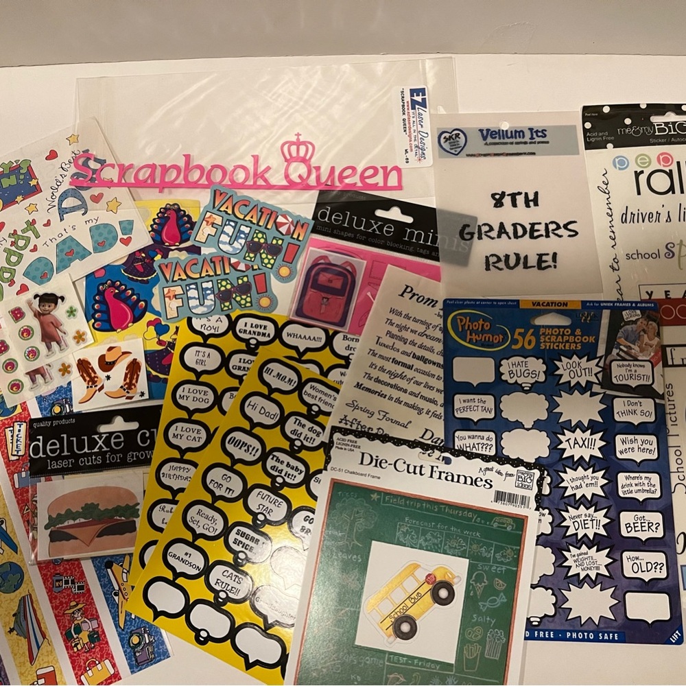 LOT OF MISC. SCRAPBOOKING ITEMS & EMBELLISHMENTS.